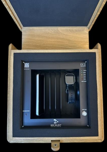 BEE SILENT OFFICE wooden security box open, showing the interior operating unit